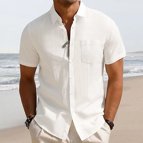 

Homens camisa de linho camisa de verão camisa de praia Branco Manga Curta Tecido Lapela Primavera Verão Havaiana Feriado Roupa Básico