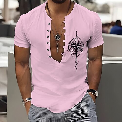 

Homme Chemise Chemise Lin Imprimés Photos Rétro Vintage Boussole Sans col Blanche Rose Claire Vert Kaki Extérieur Plein Air Manche Courte Imprimer Vêtement Tenue Lin Mode Vêtement de rue Design