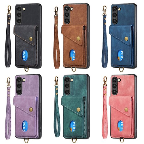 

telefone Capinha Para Samsung Galaxy Capa traseira S23 S22 Ultra Plus FE A14 Note 10 Plus com pulseira Slots de suporte de cartão Pata de Apoio Cor Sólida TPU PC Couro PU