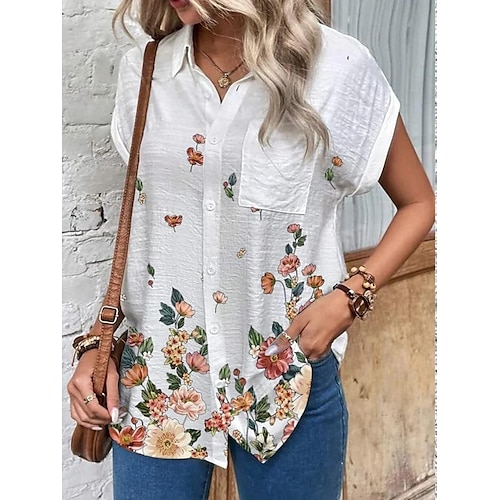 

Mujer Camisa Blusa Blanco Floral Botón Bolsillo Manga Corta Casual Festivos Básico Cuello Camisero Regular Lino Flor S