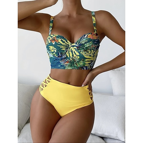 

Damen Badeanzug Bikinis Normal Bademode 2 teilig Print Blumen Gelb Rote Blau Badeanzüge Sport Strandbekleidung Sommer