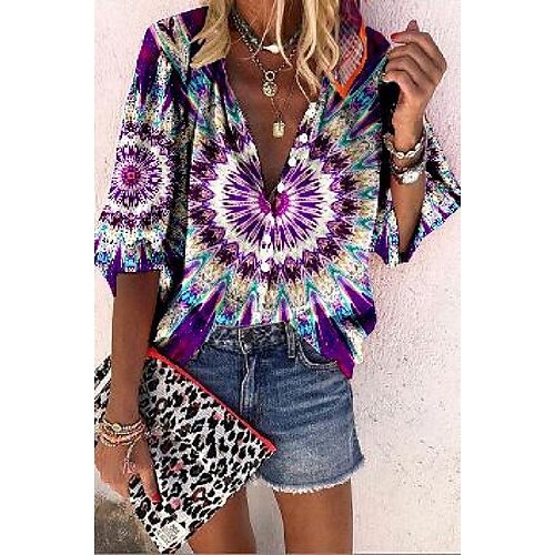 

Mulheres Camisa Social Blusa Vermelho Roxo Gráfico Botão Imprimir Manga Longa Casual Básico Colarinho Clerical Padrão S