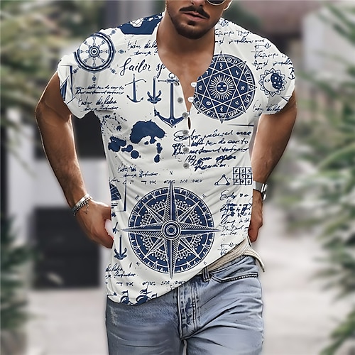 

Homme Chemise Chemise Lin Lettre Imprimés Photos Rétro Vintage Boussole Sans col Blanche Bleu Extérieur Plein Air Manche Courte Imprimer Vêtement Tenue Lin Mode Vêtement de rue Design Décontractées