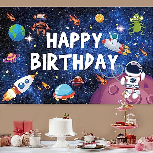 

1 pc dessin animé astronaute robot motif anniversaire fond tissu espace thème anniversaire fond décoration