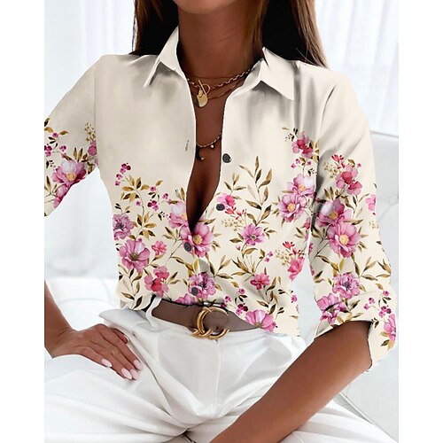 

Mulheres Camisa Social Blusa Bege Floral Botão Imprimir Manga Longa Casual Feriado Básico Colarinho de Camisa Padrão Tema Flores S