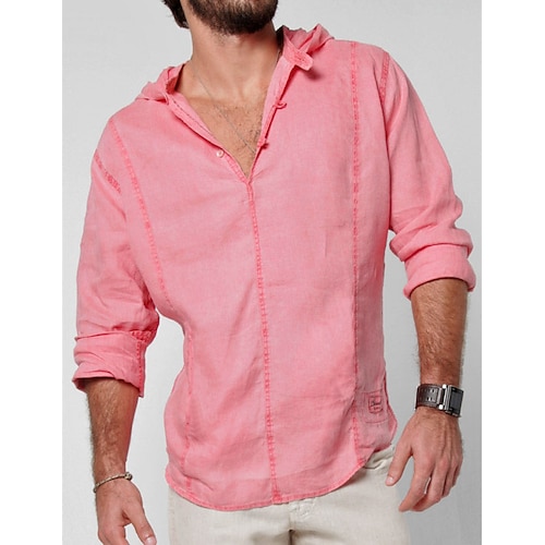 

Homens Camisa Social camisa de linho Camisa casual camisa de verão camisa de praia Rosa Azul Manga Longa Tecido Com Capuz Primavera Verão Casual Diário Roupa