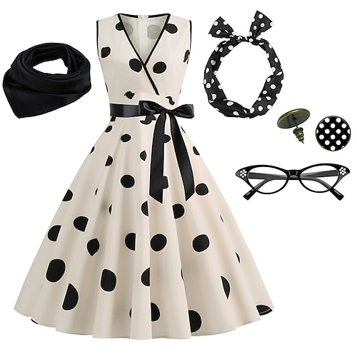 

Vestido rockabilly de línea A para mujer, vestido de lunares, vestido acampanado con accesorios, conjunto retro vintage de los años 50 y 60 con diadema, bufanda, pendientes, gafas de ojo de gato, 5