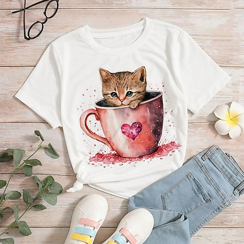 

camiseta de niña camiseta de manga corta camiseta gráfica de dibujos animados gato impresión 3d moda activa linda 100% algodón al aire libre casual diario niños cuello redondo 3-12 años camiseta de ajuste regular con gráfico impreso en 3d paquete de 1