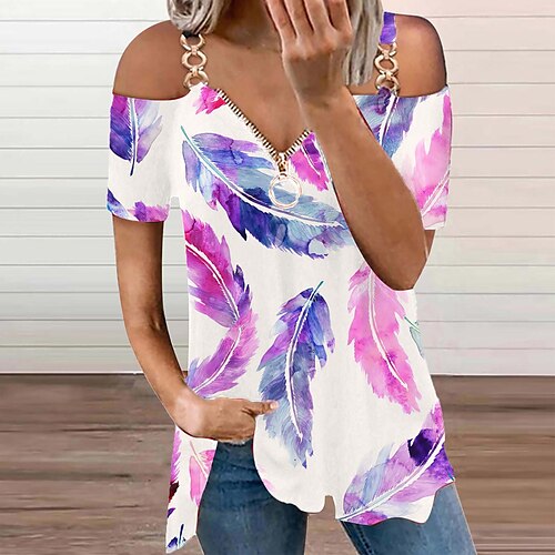 

Women's T shirt Tee Yellow Pink Blue Floral Feather Quarter Zip Print Short Sleeve Casual Holiday Basic V Neck Regular Floral S