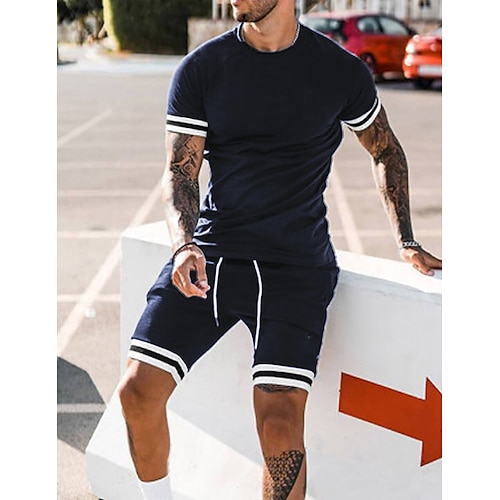 

Homens Shorts de cintura com camiseta e cordão Roupas de 2 peças Listrado Crewneck Casual Roupa Diária Manga Curta 2 Peças Roupa Moda Desporto Casual