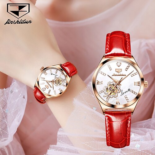 

JINSHIDUN Women Mechanical Watch Fashion Creative Diamond Analog Wristwatch Automatic Mechanical Watch Self-winding Waterproof Genuine Leather Watch Female Watch