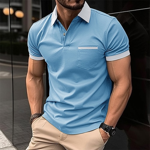 

Men's Button Up Polos Polo Shirt Casual Holiday Lapel Short Sleeve Fashion Basic Plain Classic Summer Regular Fit Fire Red Light Sky Blue Black White Dark Navy Grey Button Up Polos