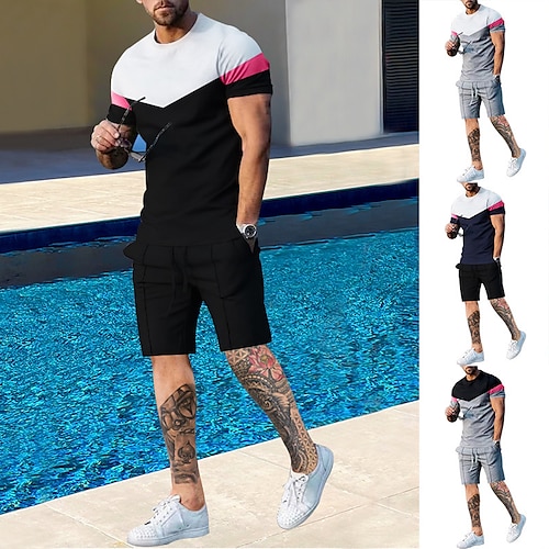 

Homens Ternos-Camiseta Moletom Camisa de tênis Conjunto de shorts e camiseta Bloco de cor Crewneck Roupa Diária Férias Manga Curta 2 Peças Roupa Desporto Casual Músculo