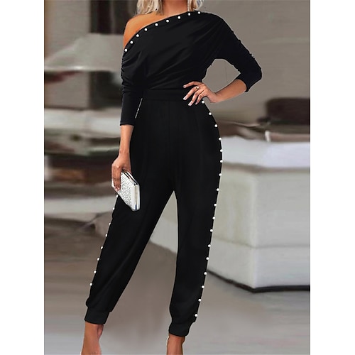 

Damen Jumpsuit Perlenbesetzt Hohe Taillenlinie Feste Farbe kalte Schulter Strassenmode Elegant Party Arbeit Regular Fit 3/4 Ärmel Schwarz S M L XL Sommer