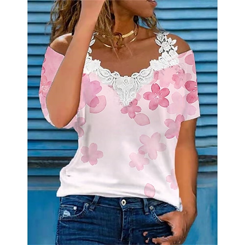 

Women's T shirt Tee Pink Blue Fuchsia Floral Butterfly Lace Cut Out Short Sleeve Holiday Weekend Basic Round Neck Regular Floral Butterfly Painting S