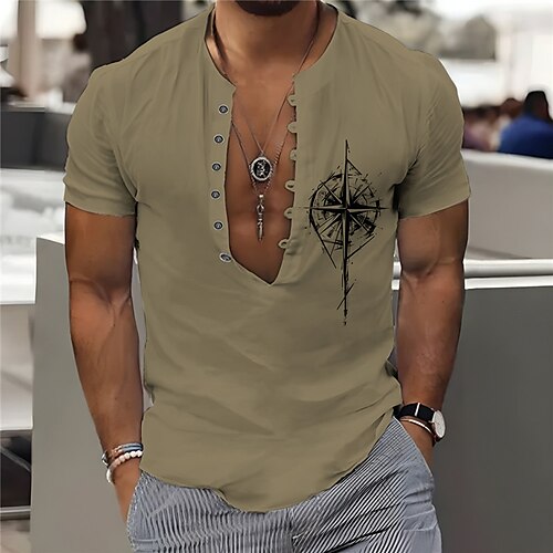 

Hombre Camisa camisa de lino Estampados Cosecha Brújula Sin Cuello Blanco Rosa Verde Trébol Caqui Exterior Calle Manga Corta Estampado Ropa Lino Moda Ropa de calle Design Casual