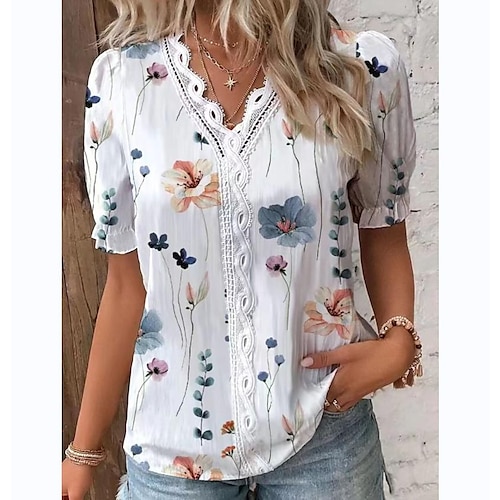 

Women's Shirt Blouse Light Yellow Light Blue White Floral Lace Trims Print Short Sleeve Casual Holiday Basic V Neck Floral