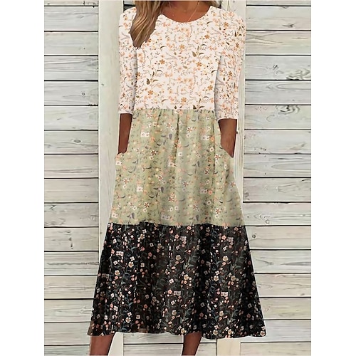 

Tenue décontractée Robe à fleurs Robe d'été Femme Floral Poche Imprimer Col Ras du Cou Mode Vêtement de rue Extérieur du quotidien Manches 3/4 Standard Kaki Eté Printemps S M L XL XXL