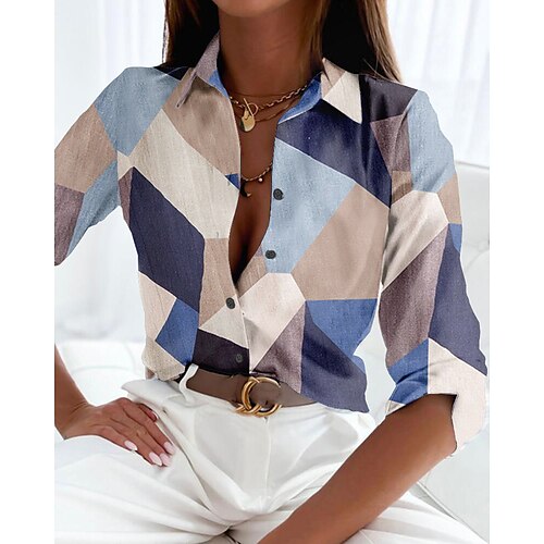 

Women's Shirt Blouse Blue Purple Green Geometric Button Print Long Sleeve Casual Basic Shirt Collar Regular Geometric S