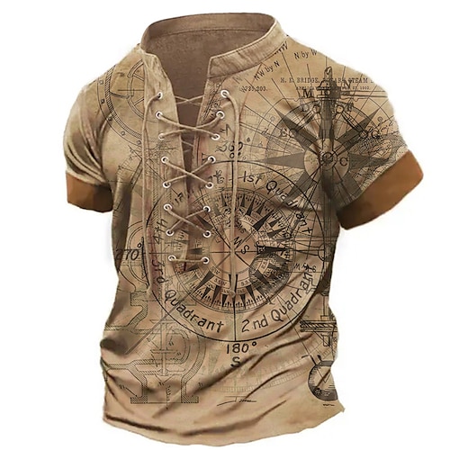 

Homme T shirt Tee Chemise Henley Shirt Graphic Boussole Mao Vêtement Tenue 3D effet du quotidien Des sports Manche Courte Lacet Imprimer Mode Design Rétro Vintage