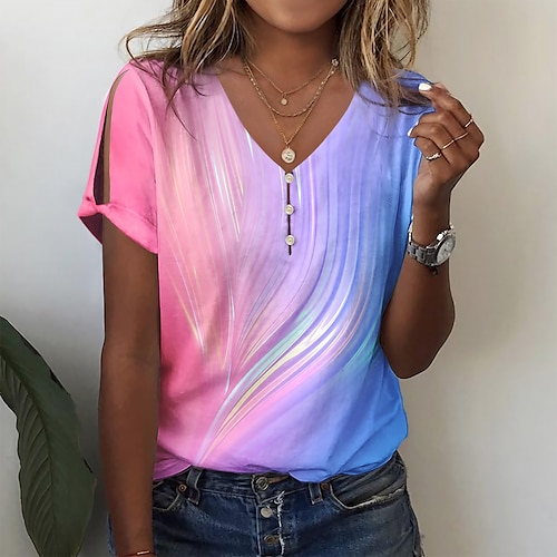 

Women's T shirt Tee Ombre Color Gradient Vacation Button Cut Out Pink Short Sleeve Stylish Neon & Bright V Neck Summer
