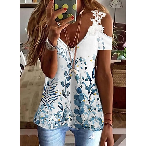 

Mulheres Camiseta Azul Roxo Rosa cor de Rosa Floral Pena Renda Com Corte Manga Curta Diário Final de semana Básico Decote V Padrão Tema Flores Pintura S