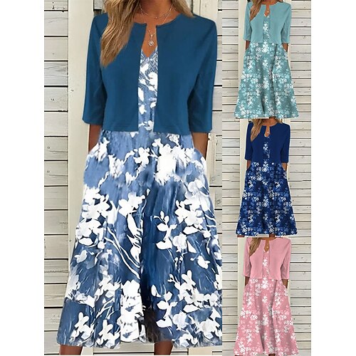

Women's Two Piece Dress Set Casual Dress Shift Dress Outdoor Daily Fashion Streetwear Pocket Print Midi Dress V Neck 3/4 Length Sleeve Floral Loose Fit Pink Royal Blue Blue Summer Spring S M L XL XXL