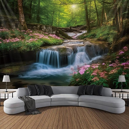 Nature Waterfall Tapestry Wall Hanging Large Cave Forest Lake