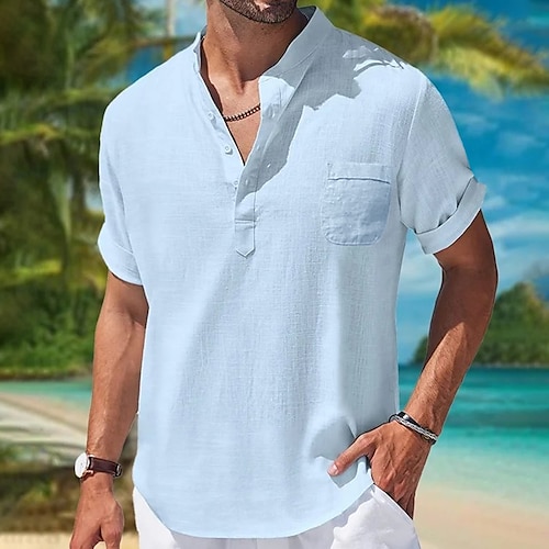 

Men's Linen Shirt Summer Shirt Beach Shirt White Blue Khaki Short Sleeve Plain Standing Collar Spring & Summer Hawaiian Holiday Clothing Apparel Basic