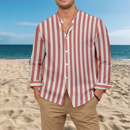 

Men's Shirt Button Up Shirt Casual Shirt Summer Shirt Beach Shirt Black Blue Red White Dark Blue Light Blue Long Sleeve Stripes Band Collar Daily Vacation Clothing Apparel Fashion Casual Comfortable