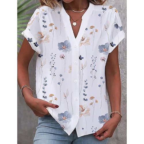 

Women's Shirt Blouse Red Blue Orange Floral Print Short Sleeve Casual Holiday Basic Standing Collar Floral