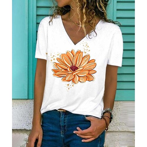 

Women's T shirt Tee White Ivory Blue Floral Butterfly Print Short Sleeve Daily Weekend Basic V Neck Regular Floral Butterfly Painting S