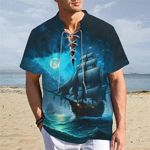 

Homens Camiseta Camisa Henley Navio Estampas Abstratas Colarinho Chinês Roupa Ao ar livre Rua Manga Curta Cordões Imprimir Moda Designer Casual