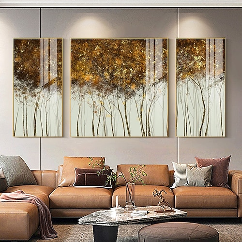 

3 conjuntos abstratos de árvore cinza e dourada folhas de ouro pintura acrílica pintada à mão árvore de ouro decoração de parede natureza moderna (sem moldura)