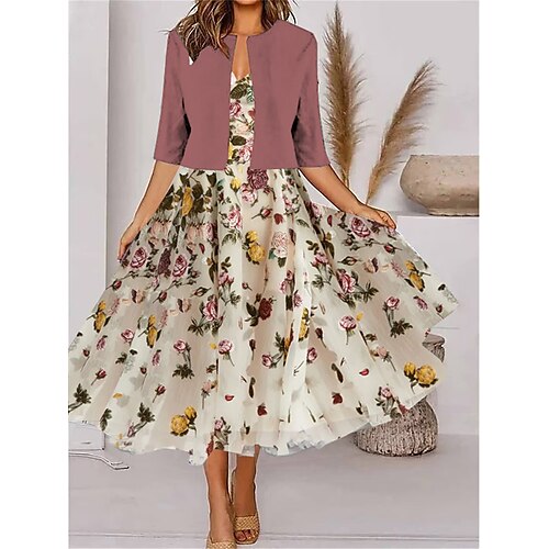 

Damen Zweiteiliges Kleid-Set Casual kleid Chiffon-Kleid Outdoor Täglich Modisch Modern Bedruckt Midikleid V Ausschnitt Halbe Ärmel Blumen Regular Fit Rote Sommer Frühling S M L XL XXL