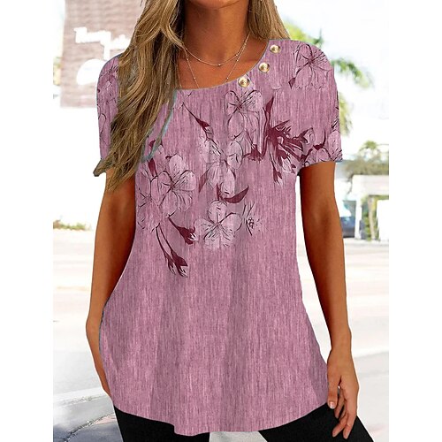 

Damen T Shirt Bluse Rosa Purpur Grün Blumen Bedruckt Kurzarm Casual Festtage Basic Rundhalsausschnitt Standard Blume S