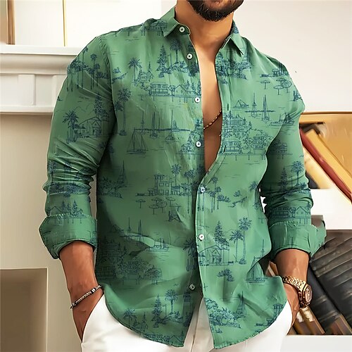 

Homens Camisa Social camisa de linho Coqueiro Estampas Abstratas Aberto para a Lateral Azul Roxo Verde Cáqui Cinzento Ao ar livre Rua Manga Longa Imprimir Roupa Linho Moda Roupa de rua Designer Casual