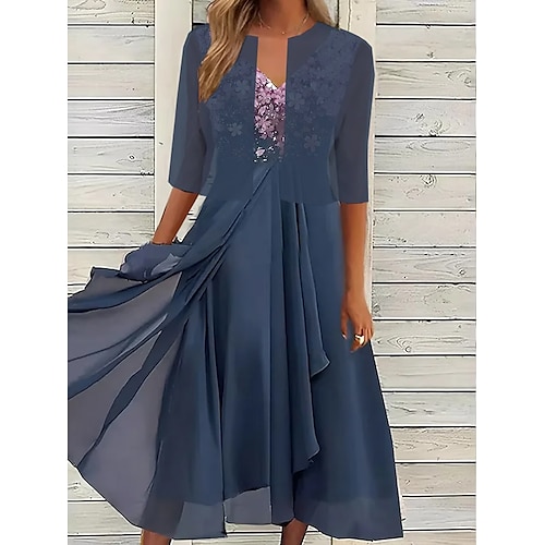 

Women's Two Piece Dress Set Casual Dress Chiffon Dress Outdoor Daily Fashion Modern Print Midi Dress V Neck 3/4 Length Sleeve Floral Regular Fit Dark Blue Summer Spring S M L XL XXL