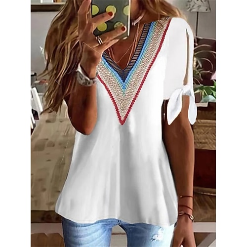 

Mulheres Camisa Social Blusa Branco Tecido Imprimir Manga Curta Casual Básico Decote V Padrão S