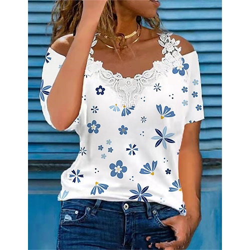 

Damen T Shirt Blau Leicht Blau Blumen Schmetterling Spitze Ausgeschnitten Kurzarm Festtage Wochenende Basic V Ausschnitt Standard Blume Schmetterling Farbe S