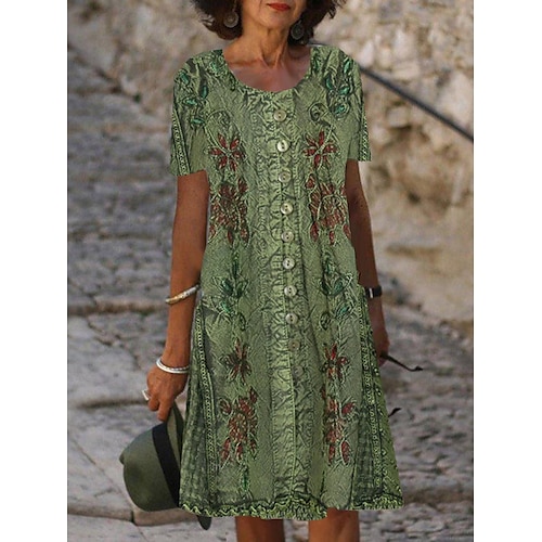 

Mujer Vestimenta casual Vestido de verano Vestido Estampado Floral Botón Bolsillo Cuello Barco Vestido Midi Activo Moda Exterior Cita Manga Corta Ajuste regular Verde Trébol Verano Primavera S M L XL