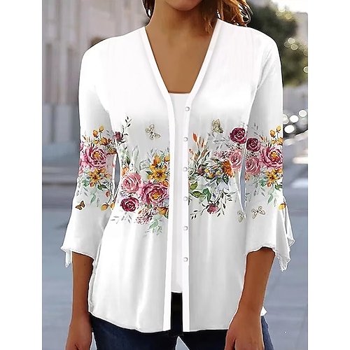 

Mujer Camisa Blusa Blanco Rosa Azul Piscina Floral Estampado Manga 3/4 Casual Festivos Básico Escote en Pico Regular Flor S