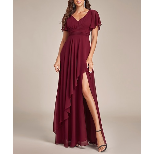 

Linha A Vestidos para convidadas de casamento Elegante Vestido Festa de Casamento Longo Manga Curta Decote V Chiffon com Fru-Fru Fenda 2023