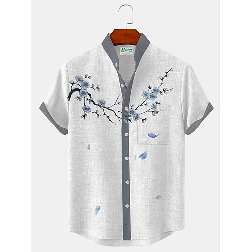 

Homens Camisa Social camisa de linho Estampas Abstratas Papagaio Folhas Colarinho Chinês Branco Verde Claro Roxo Verde Cinzento Ao ar livre Rua Manga Curta Imprimir Roupa Linho Moda Roupa de rua