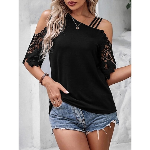 

Mulheres Camisa Social Blusa Preto Tecido Renda Manga Curta Casual Básico ombro frio Padrão S