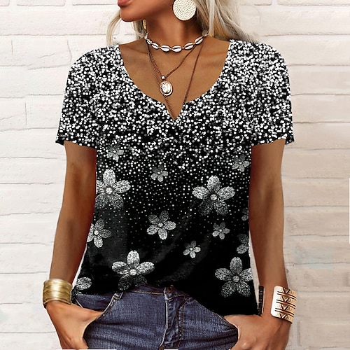 

T shirt Tee Femme Noir Rose Claire Bleu Floral Imprimer Manche Courte Vacances Fin de semaine Tuniques basique Col V Normal Standard Fleur Peinture S