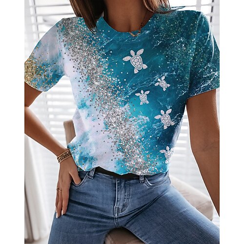 

Damen T Shirt Rosa Blau Purpur Graphic Bedruckt Kurzarm Festtage Wochenende Basic Rundhalsausschnitt Standard Blume Farbe S