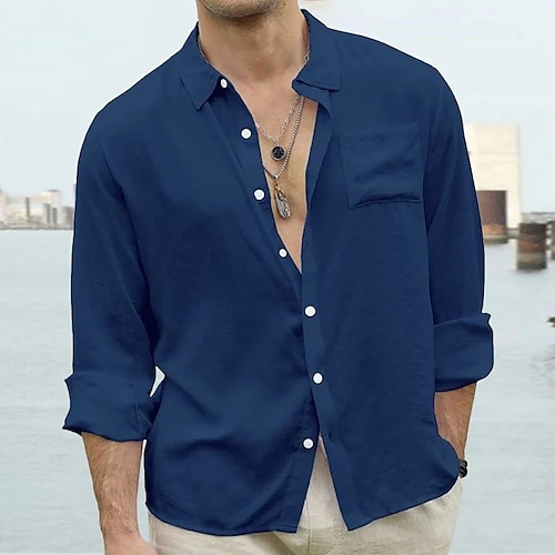 

Homens Camisa Social camisa de linho camisa de verão camisa de praia Preto Branco Azul Marinha Manga Longa Tecido Lapela Primavera Verão Casual Diário Roupa Bolso frontal