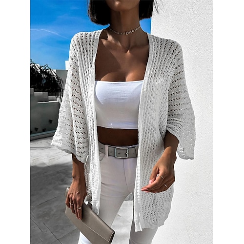 

Women's Cardigan Sweater Jumper Crochet Knit Hole Solid Color Open Front Stylish Casual Daily Going out Summer Spring White One-Size