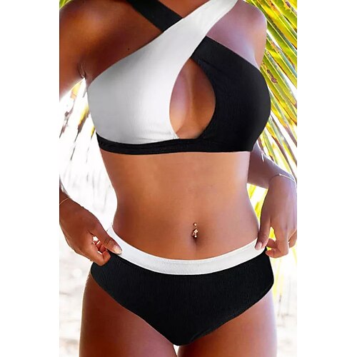 

Damen Badeanzug Bikinis Normal Bademode 2 teilig Farbblock Schwarz Badeanzüge Sport Strandbekleidung Sommer